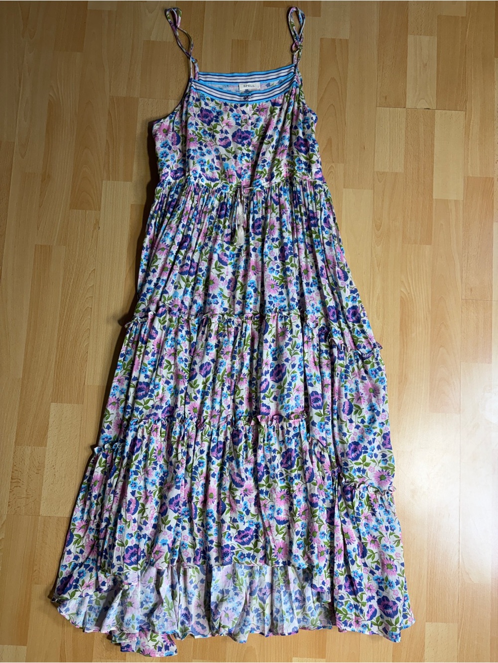 Spell Impala Lily Sundress Blue Pink Floral Tiered Flowy Large Resortwear - Picture 12 of 16